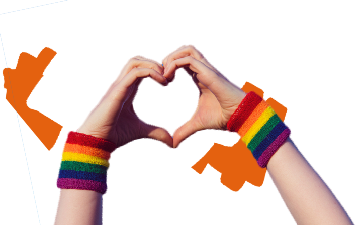 Hands making heart sign with rainbow armbands on