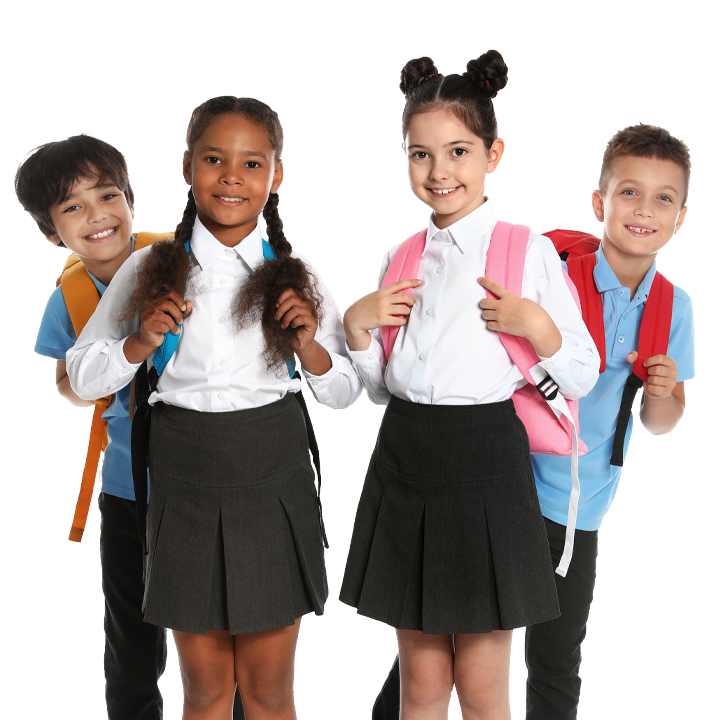 Group of four school children with backpacks