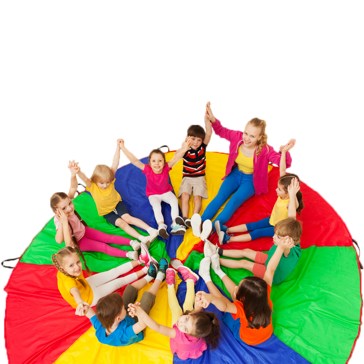 Group of toddlers on colourful parachute sheet