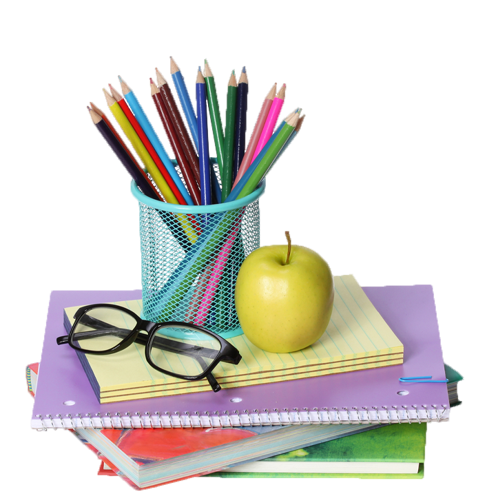 Pile of books with apple, glasses and pencil pot