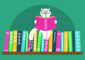 Bookshelf with white cat reading book. Different color books with ornament on shelf on teal background. Cat sitting on books.