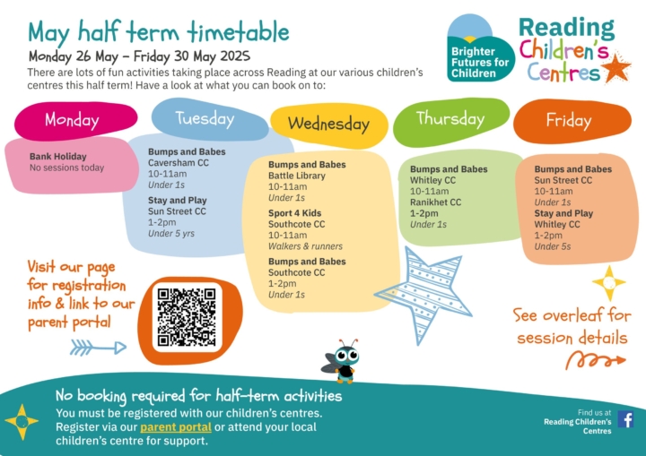 A colourful timetable showing activities happenign in Reading chidlren's centres over May half term