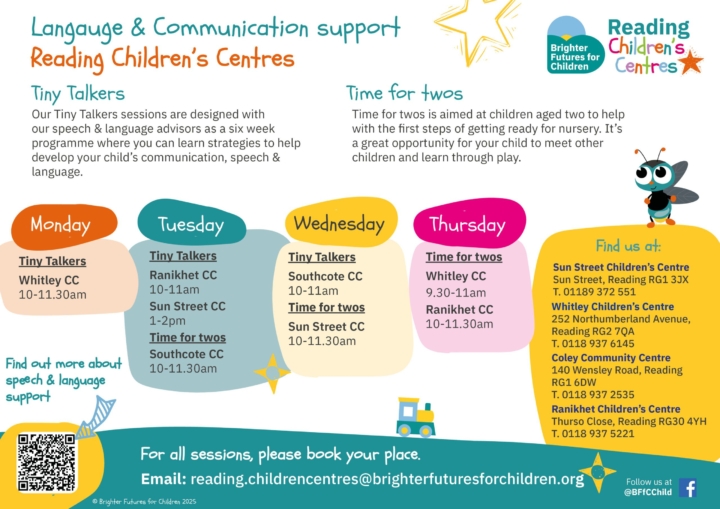 A colourful timetable showing details of language and communication sessions for under 5 year olds at Reading children's centres